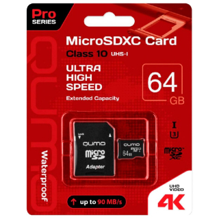 Карта памяти 64Gb MicroSDXC QUMO QM64GMICSDXC10U3   Class10   adapter  купить в Инфотех