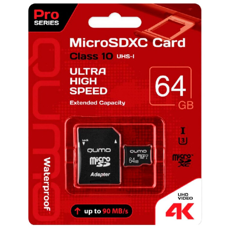 Карта памяти 64Gb MicroSDXC QUMO QM64GMICSDXC10U3   Class10   adapter  купить в Инфотех
